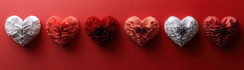 Poster - Group of paper hearts arranged on a vibrant red wall creating a festive and romantic atmosphere valentine day