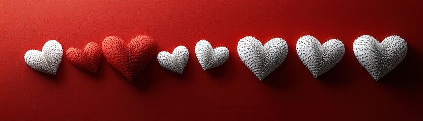 Poster - Row of white hearts arranged neatly on a solid red background for decorative purposes valentine day