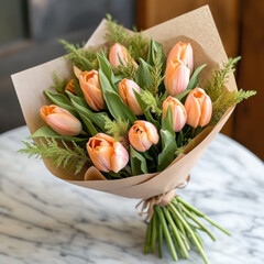 Wall Mural - beautiful bouquet of peach tulips wrapped in brown paper, showcasing vibrant colors and fresh greenery, perfect for gifting or home decoration