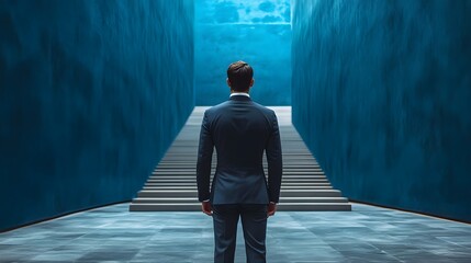 Poster - lone business leader navigating strategic corridor of corporate transformation blending visionary ex