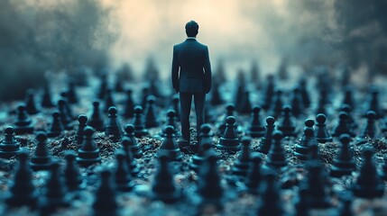 Poster - a lone figurehead stands amidst a swarm of tactical chess pieces symbolizing the power of leadership
