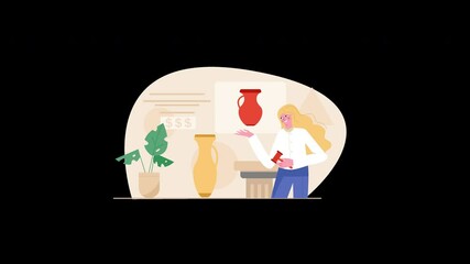 Poster - A woman with long blonde hair presenting ceramic pots in a flat concept design.
