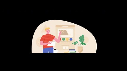 Poster - A European man presenting a flat design concept with a digital interface and plants in the background.
