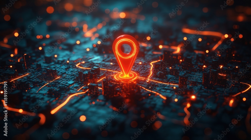 Futuristic city map with glowing red location pin. Techy navigation ...
