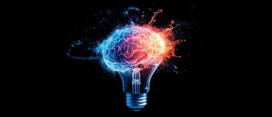 liquid color design background flying out of a light bulb, human brain inside, colorful brain splash, brainstorm and inspiration concept