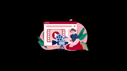 Poster - A European woman creating a video in a studio setting with a camera and editing interface.