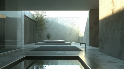 Wall Mural - Modern minimalist interior featuring a serene space with a pool and natural elements.