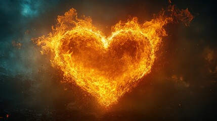 Poster - Heart shaped fire flame in dark night sky creating unique visual effect and atmosphere valentine day