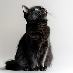 Poster - Black fluffy cat with green eyes sitting against white background