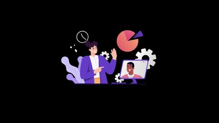 Poster - A young European man presenting data on a monitor during a virtual meeting, illustrating business concepts.