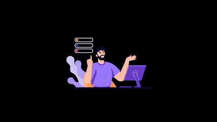 Poster - A young man with a beard gestures while sitting at a desk with a computer, portraying a thoughtful expression in a digital environment.