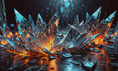 Poster - Broken glass sculpture with a blue and orange design. The sculpture is made of broken glass and has a shiny, reflective surface
