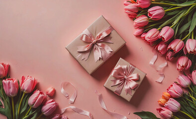 Poster - Two boxes with pink bows on top of a pink background. The boxes are on a table. There are many pink flowers in the background