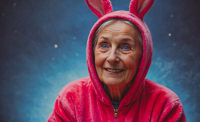 Poster - Woman in a pink bunny costume is smiling. She is wearing a pink hoodie and has a blue background