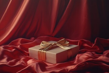 Elegant gift box with a golden ribbon placed on luxurious red satin fabric, creating a visually striking and festive atmosphere for celebrations and special occasions.