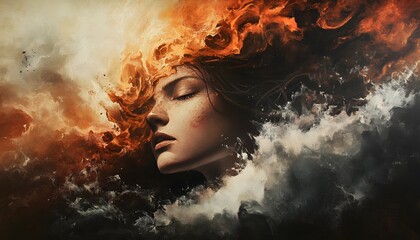 Aufkleber - Ethereal Portrait of a Woman Surrounded by Fiery Flames and Dramatic Clouds, Capturing the Essence of Creativity and Emotions in Dark Artistic Imagery