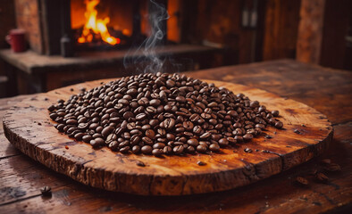 Aufkleber - Pile of coffee beans on a wooden cutting board. The beans are spread out and some are piled on top of each other