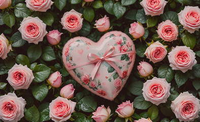 Poster - heart shaped balloon with a pink ribbon is surrounded by pink roses. the heart is placed in the midd