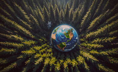 Poster - Globe is in the middle of a forest. The globe is surrounded by trees. The globe is green and blue