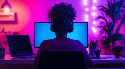 Poster - Student engaged in virtual learning, silhouetted against a glowing screen, capturing the essence of modern education and digital connection.