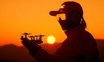 Poster - Farmer Embracing Technology, A silhouette of a farmer engaging with AI on a device amidst a vast agricultural landscape at dusk
