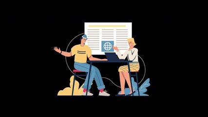 Poster - A European man and woman discussing ideas at a table with a digital globe in view.