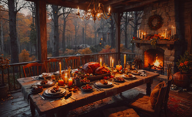 Poster - Table with a turkey and a lot of food. There are candles on the table