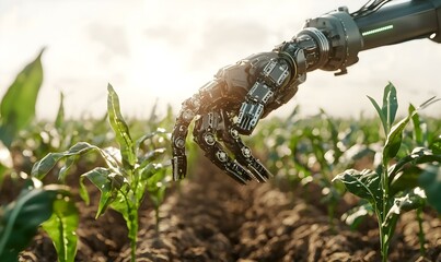 Poster - Robotic Arm in Action, a futuristic agricultural scene showcasing a robotic arm efficiently harvesting crops in a vibrant field.
