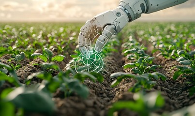 Poster - Robotic Arm Harvesting Crops in a Vast Agricultural Field, Advanced Technology Enhancing Farming Efficiency and Productivity