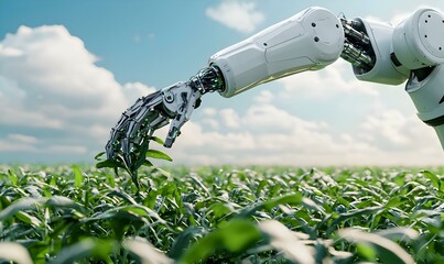 Poster - Automated Harvesting, A robotic arm skillfully gathering crops in a vast agricultural field, showcasing innovation in farming technology.