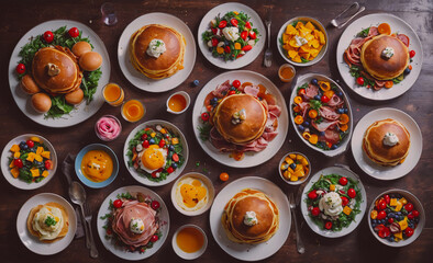 Poster - Table with many plates of food, including pancakes, eggs, and fruit. There are also several bowls and spoons on the table