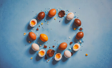 Aufkleber - Blue background with a circle of eggs and eggshells. There are many eggs in the circle, some of which are broken