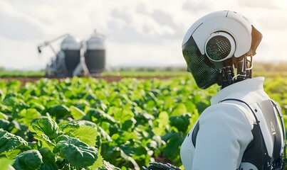 Poster - Farmer Engaging with AI Technology, A rural landscape where a farmer utilizes advanced tools to enhance agricultural practices and productivity.