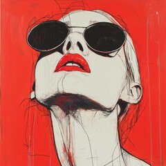 Poster - Bold minimalist line art portrait of a stylish woman in sunglasses contemporary art gallery setting vibrant colors