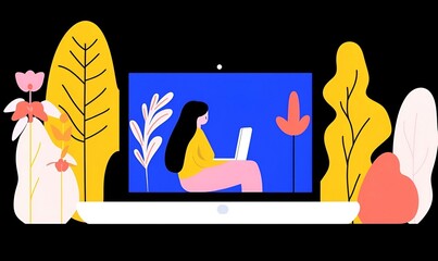 Poster - Student immersed in online learning, surrounded by books and a laptop, showcasing the modern educational experience and digital engagement.