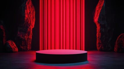Poster - Mysterious Stage with Red Lights in Dark Cave Environment