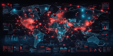 Poster - global cybersecurity threat analysis infographic shows worldwide digital environment data visualizat