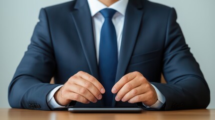 Poster - Businessman in Suit Using Tablet at a Desk with Professional Style
