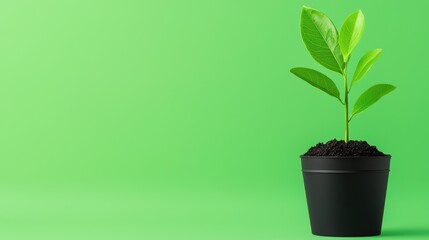 Wall Mural - Fresh Green Plant Growing in Black Pot on Vibrant Green Background