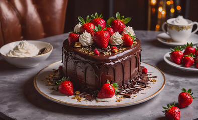 Poster - Chocolate cake with strawberries on top is sitting on a white plate. There are also strawberries on the table