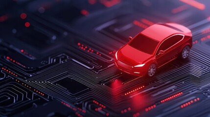 Poster - Futuristic Red Car on Digital Circuit Board Background