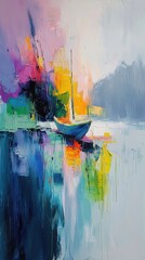 Poster - Vibrant abstract boat view coastal landscape contemporary art colorful environment artistic perspective