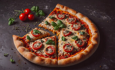 Aufkleber - Slice of pizza with cheese and tomatoes on top. The slice is missing. The pizza is on a table