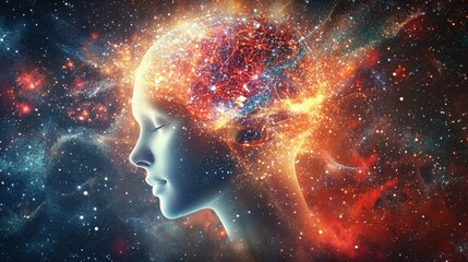 Wall Mural - profile of a human head with glowing cosmic patterns