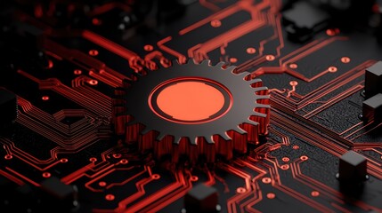 Poster - Red Gear on Circuit Board Surface with Intricate Design and Texture
