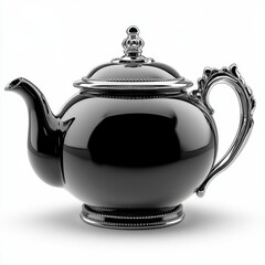 Classic ceramic teapot with rounded body, elegant tip, curved handle and lid decorated with thin beads details isolated on white background.