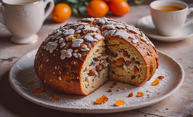 Aufkleber - Cake with a hole in it is sitting on a plate. There are two cups on the table, one on the left and one on the right