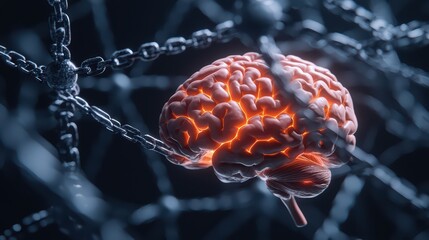 Poster - Luminous Brain Connected by Intricate Neural Chains in 3D Art