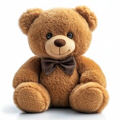 Wall Mural - A soft and cuddly brown teddy bear with fluffy fur, shiny black eyes, a cute stitched smile, and detailed paw pads, isolated on a white background.