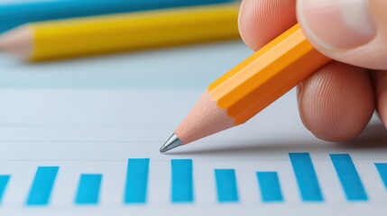 Poster - Hand Holding Yellow Pencil Over Colorful Graph Chart on Desk